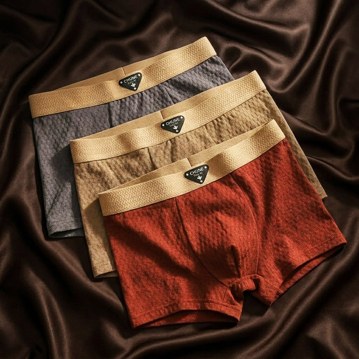 Men's organic cotton boxer briefs set in black, ochre and olive